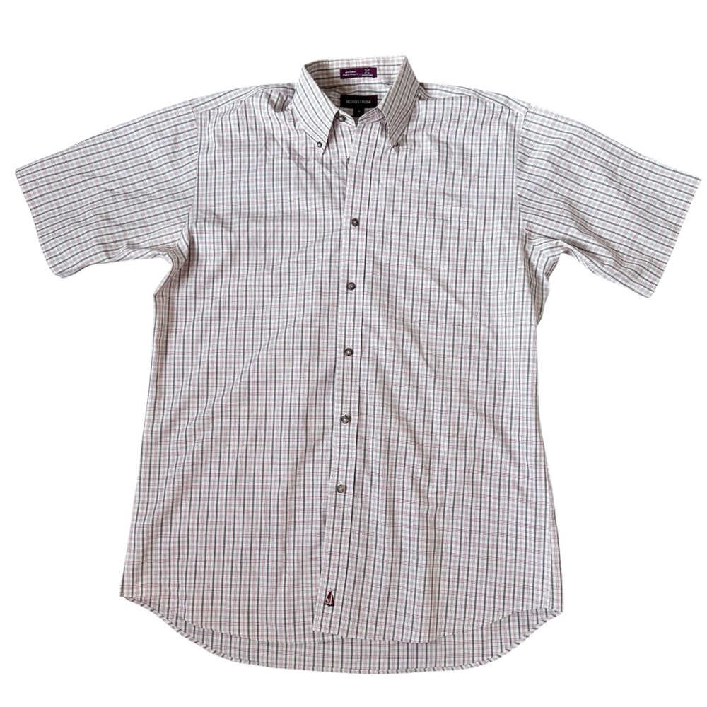 Nordstrom Plaid Button Down Shirt Size Medium 100% Cotton Red | Brown Tan Casual